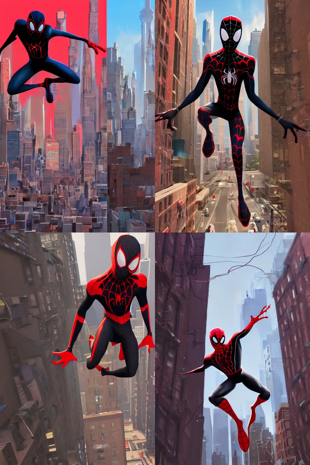 Prompt: exciting matte painting of a 3 d full body character illustration of miles morales spiderman from into the spiderverse swinging through brooklyn new york, black and red color scheme costume, miles morales!!!, into the spiderverse, spiderverse, 8 k, sharp focus, substance painter, painted texture maps, digital painting, concept art, octane render