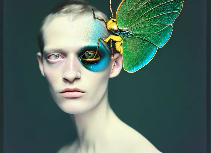 Prompt: Kodak Portra 400, 8K, soft light, volumetric lighting, highly detailed, britt marling style 3/4 , fine art portrait photography by Paolo Roversi, face and body merging with iridescent beetle, symbolic metamorphosis complex 3d render , 150 mm lens, art nouveau fashion embroidered,bust with intricate fractal details, elegant, hyper realistic, ultra detailed, octane render, underwater soft colours, emotionally evoking, head in focus, fantasy, elegant, soft blur background, volumetric lighting, highly detailed, Refined, Highly Detailed, soft lighting colors scheme, fine art photography, Hyper realistic, photo realistic