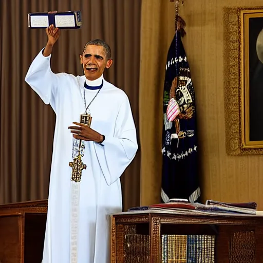 Image similar to barack obama in a priest's vestaments with a copy of the bible in hand