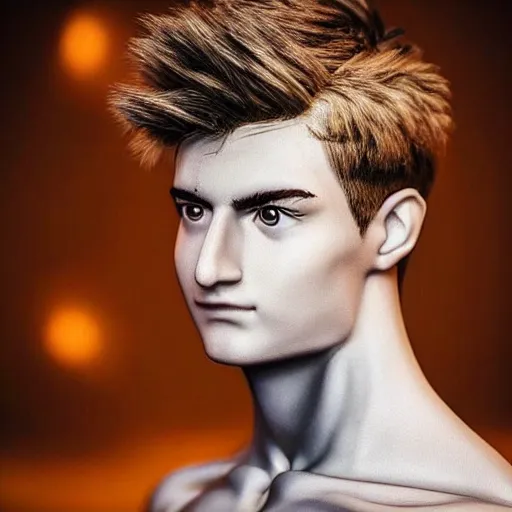 Image similar to “a realistic detailed photo of a guy who is an attractive humanoid who is half robot and half humanoid, who is a male android, twitch streamer Ninja Tyler Blevins, shiny skin, posing like a statue, blank stare, gaming tournament”