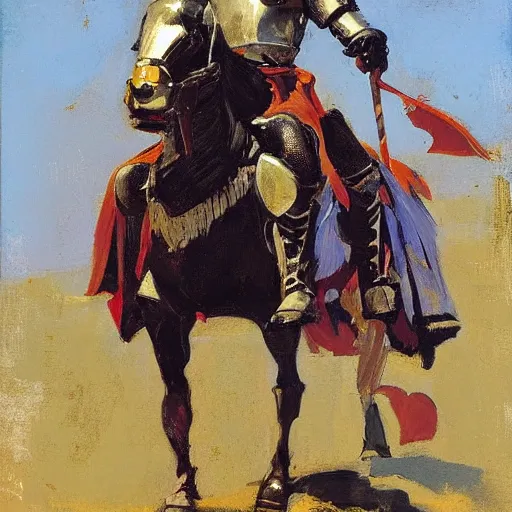 Prompt: portrait of medieval knight on horseback, with jousting gear by greg manchess, bernie fuchs, walter everett, lost edges