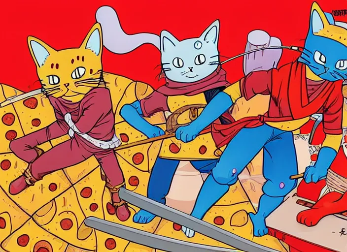 Prompt: cat samurai wearing pizza pizza costumes, illustration masterpiece, by ryan ottley and mœbius and hayao miyazaki and akira toriyama