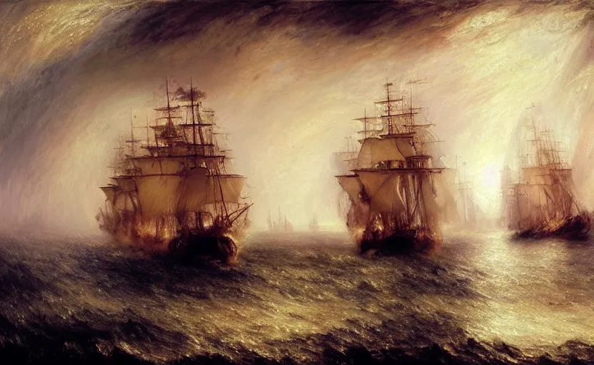 Image similar to epic naval battle, pirate galleons. by artstation trending, by joseph mallord william turner, luis royo, konstantin razumov, cinematic lighting, fractal flame, highly detailed