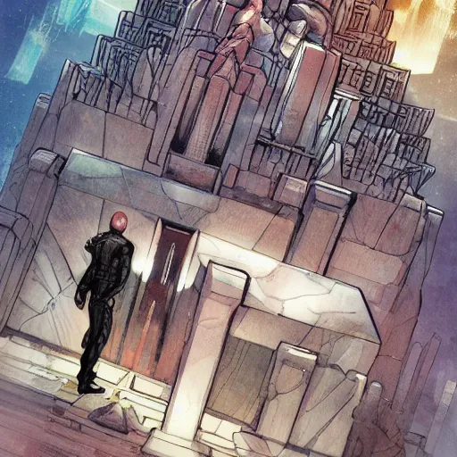 Prompt: comic book cover of a android looking up at a temple made of crystal by Dustin Nguyen, artstation, professionally illustrated