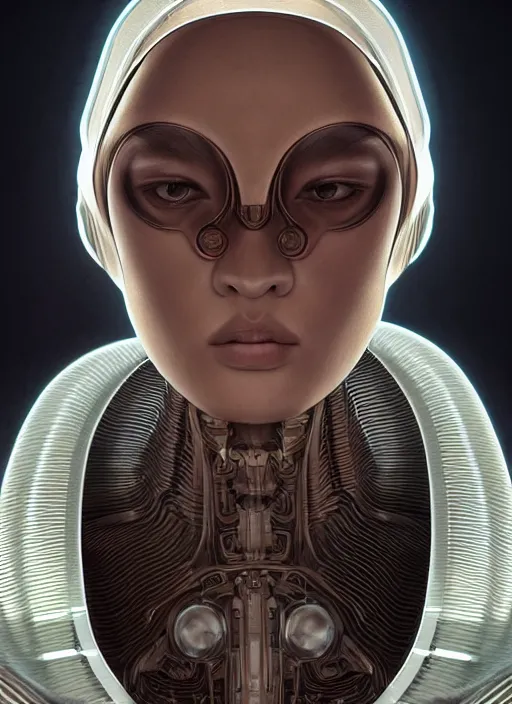 Image similar to beautiful portrait of an alien cyborg, style of Feng Zhu, Artstation geometric, aesthetic, big eyes, smooth skin, angelic, unique features, symmetrical, intricate crown, high fashion, streetwear, cyberpunk, detailed, octane render, cinematic, 8k, brown skin, retro sci fi film, Stanisław Szukalski + Moebius,