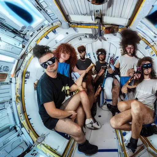 Prompt: a crew of moonwalkers traveling through space drinking beer and making music, hyper realistic, photo realistic, 8k wide angle, space,