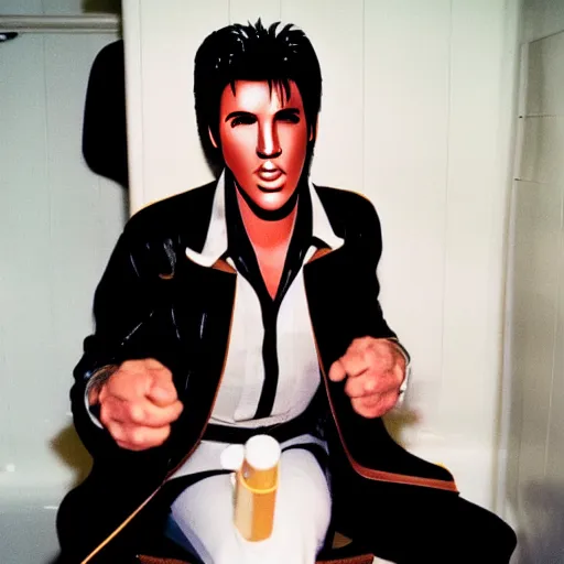 Prompt: Harrison Ford dressed as Elvis sitting on the toilet red in the face with eyes crossed