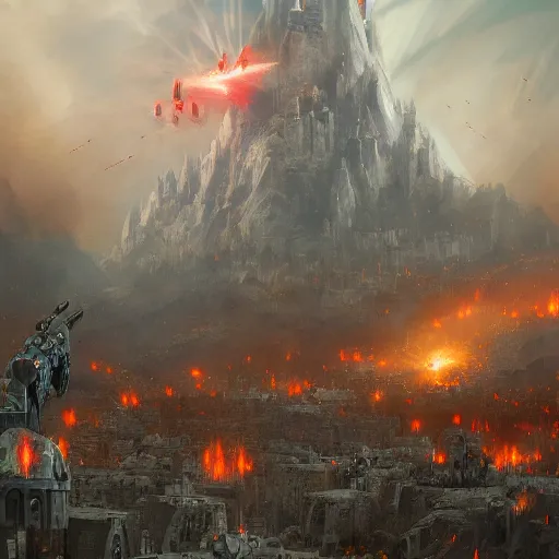 Prompt: big bright city of minas tirith under the attack of a dark demonic army drone shot, a field of fire and smoke, war, 8 k concept art, digital painting, dark colors, realistic, cinematic lighting, raymond swanland, peter mohrbacher