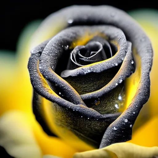 Image similar to award - winning macro of a beautiful black rose made of glowing molten magma