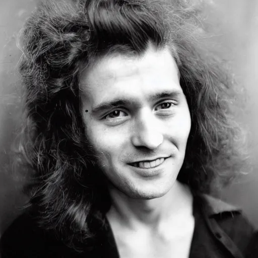Prompt: wide-angle portrait of a typical person with waist-length incredible hair smiling by Richard Avedon, gelatin silver finish, piercing eyes, nd4, 85mm, perfect location lighting
