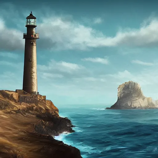 Image similar to digital art of a coastal landscape with a lighthouse, by Disco Elysium