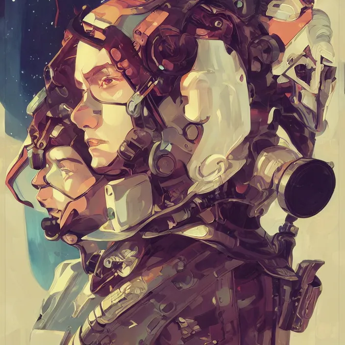 Image similar to anime portrait space pirate captain, futuristic science fiction, mucha, hard shadows and strong rim light, art by jc leyendecker and atey ghailan and sachin teng