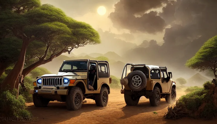 Image similar to mahindra thar driving through madagascar with baobabs trees, tribe members chasing for an attach, action scene, an epic fantasy, artgerm and greg rutkowski and alphonse mucha, an epic fantasy, volumetric light, detailed, establishing shot, an epic fantasy, cinematic, photorealistic, ultrarealistic, trending on art station, octane render, midsommar