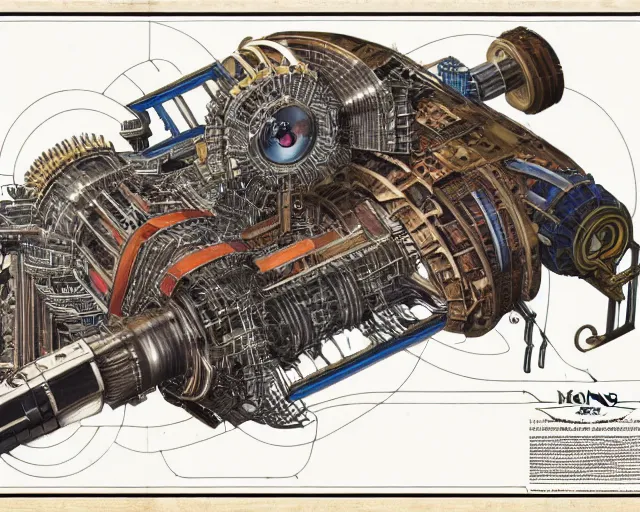 Image similar to a full page of a mechanical blueprint showing a cutaway design for a mechanized coyote from howl's moving castle ( 2 0 0 4 ), with a big head, muted colors, post grunge, studio ghibli, hq,