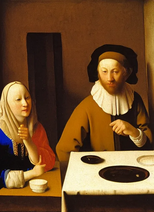 Image similar to young man at the table with young pretty blonde girl at the crowded tavern in the evening. medieval painting by jan van eyck, johannes vermeer