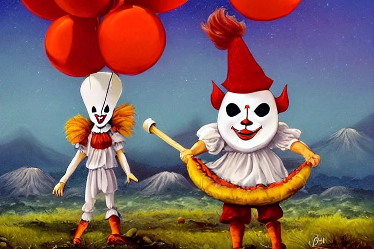 Image similar to pennywise as pulcinella!!! holding a large pizza!!, volcano in background, dark sky, smoke, glowing pools of lava, an ultrafine detailed painting by joe fenton, full body, wide angle, post - apocalyptic vibe, pop surrealism, sharp focus, whimsical, lowbrow, perfect symmetrical face, masterpiece, hyperrealistic, trending on deviantart