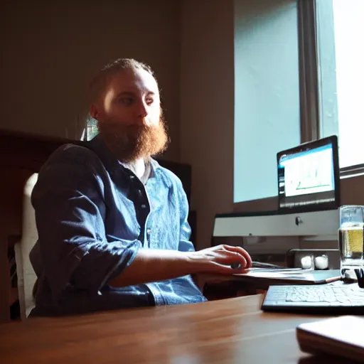 Prompt: badger sitting at a computer and drinking a beer!!!!!! professional photography, artistic lighting