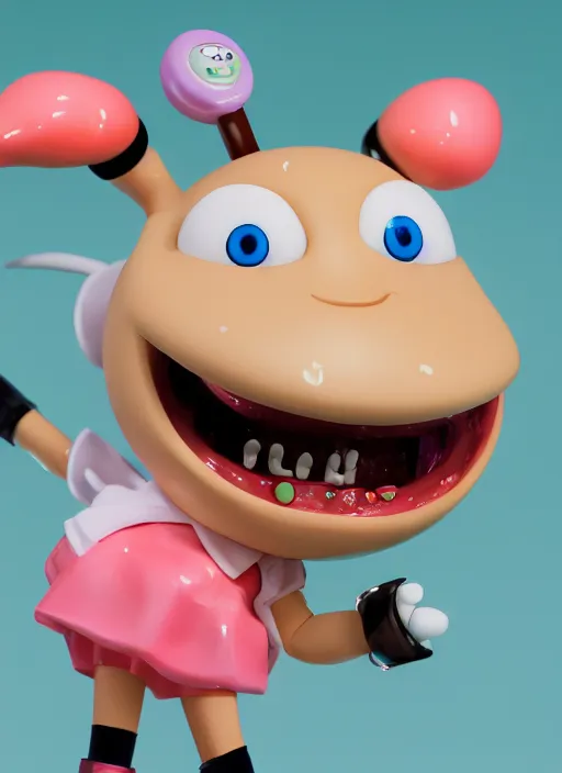 Image similar to a hyperrealistic lowbrow oil panting of a looney kawaii vocaloid figurine caricature with a big dumb goofy grin and pretty sparkling anime eyes featured on Wallace and Gromit by studio trigger