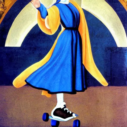 Prompt: blonde nun in blue clothes on roller skates, body shot, in the style of michaelangelo