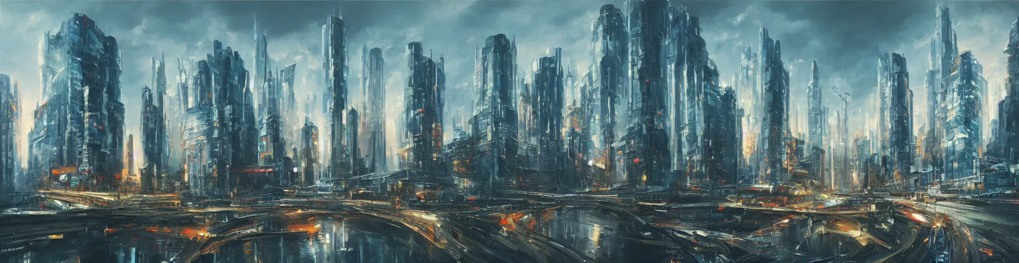 Image similar to futuristic cityscape, cinematic lighting, detailed oil painting, hyperrealistic, 8k