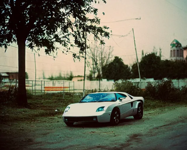 Prompt: a lomographic photo of lamborgini standing in typical soviet yard in small town, hrushevka on background, cinestill, bokeh