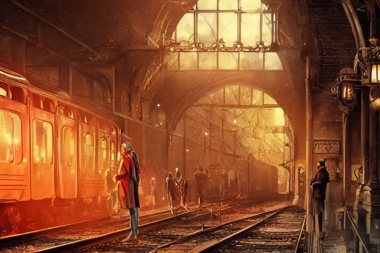 Image similar to some wizard waiting in hogwart train station in quiet dark city, hyper detailed, orange red blue tones dramatic lighting, cgsociety, realistic, hyper detailed, insane details, intricate, dramatic lighting, hypermaximalist, golden ratio, rule of thirds, octane render, weta digital, micro details, ultra wide angle, artstation trending, 8 k,