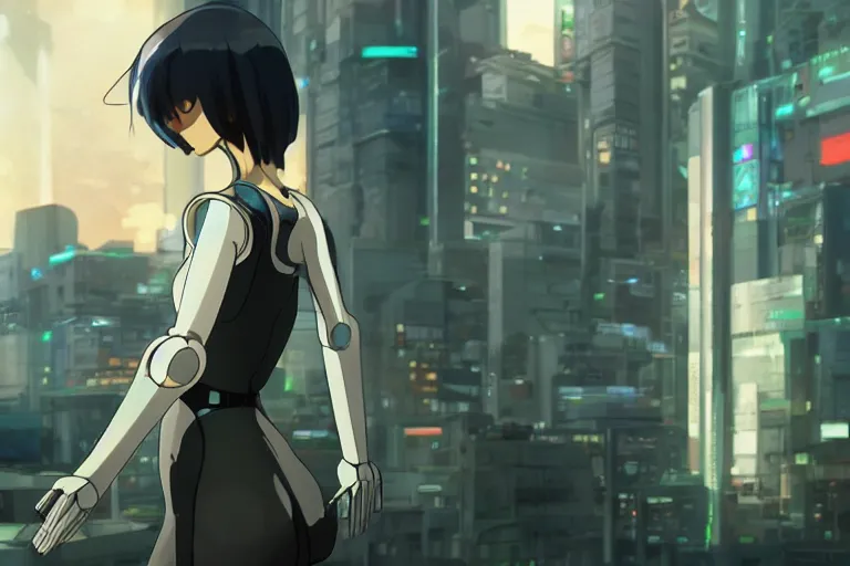 Image similar to makoto shinkai. robotic android girl. futuristic cyberpunk dystopia.