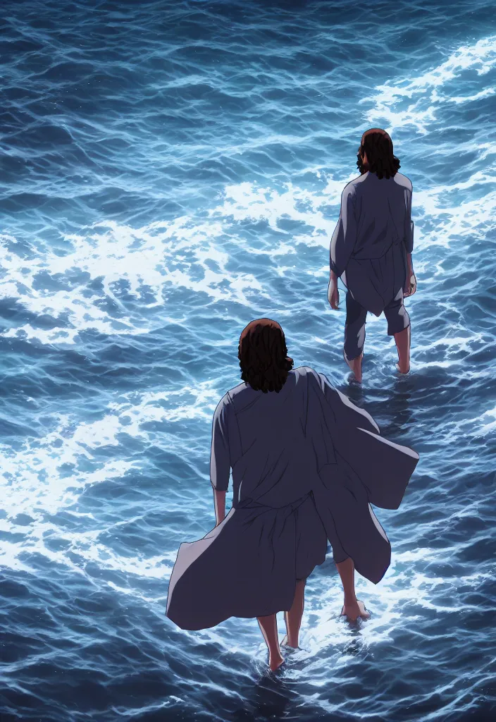 Prompt: a portrait of jesus walking on water by dan mumford, yusuke murata and makoto shinkai, 8k, cel shaded, unreal engine, featured on artstation, pixiv