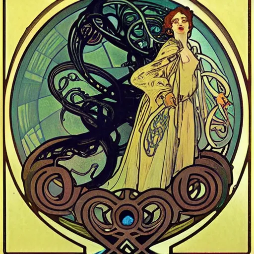 Image similar to lovecraftian protagonist by alphonse mucha