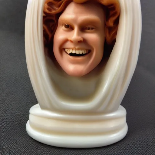 Image similar to Melting porcelain occult wax figure smiling commercial product 70s