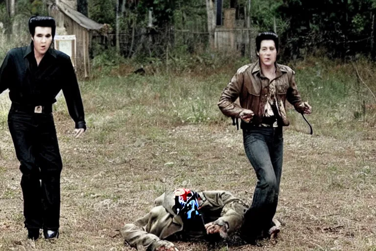 Prompt: film still with a full body shot of Elvis Presley turned into a horrific zombie, from the TV-series The Walking Dead (2010), promotional image, gory and very graphic