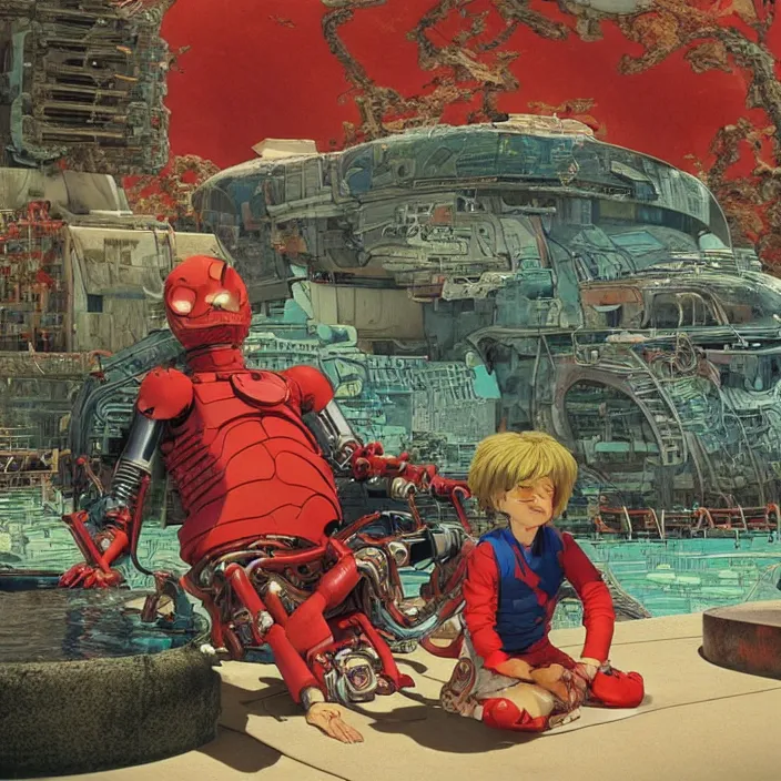 Prompt: a scene from akira, 1 9 7 0 s british kids tv programme by the bbc and oliver postgate, stop motion animation, fractal cyborg ninja sitting by the pool, highly detailed, photorealistic, octane render, 8 k, unreal engine, art by todd mcfarlane, artgerm, greg rutkowski, alphonse mucha