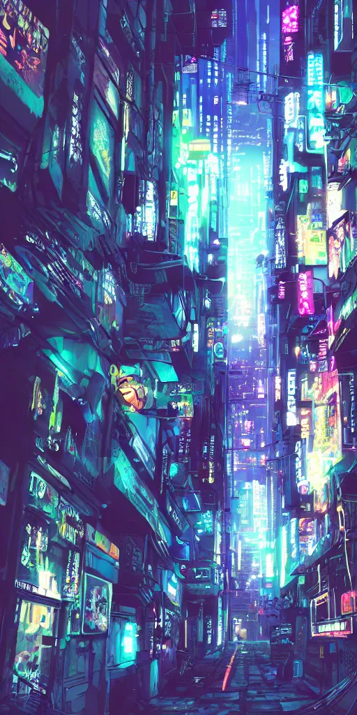 Prompt: wide! cyberpunk alley with a partial power outage, digital art, readable text, bold outlines, clean, cinematic camera, 8 k,