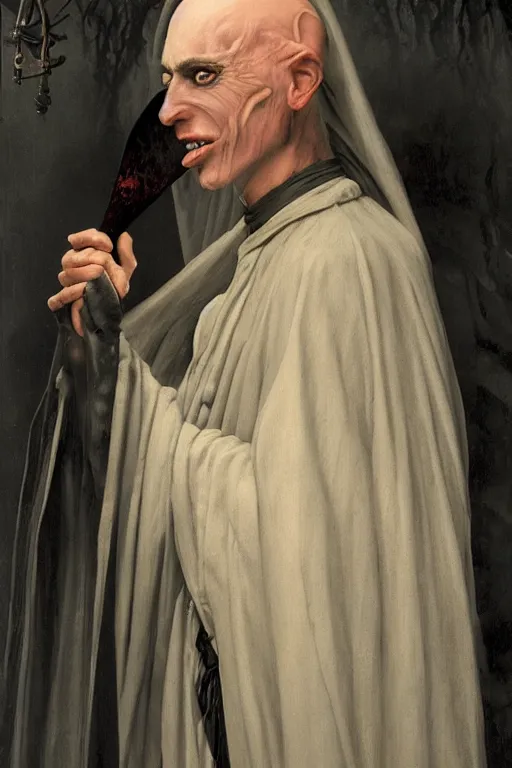 Image similar to a bald vampire wearing a long black robe with large bat ears huge black eyes and gray skin, character art, painting by james c christensen