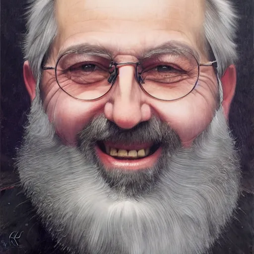 Prompt: A smiling professor with a flowing grey beard by Karol Bak, portrait