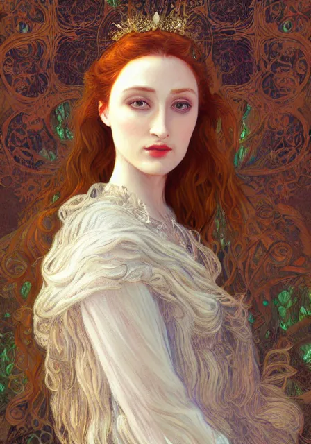 Image similar to sansa, intricate, elegant, highly detailed, digital painting, artstation, concept art, smooth, sharp focus, illustration, pre - raphaelite style, monet, mucha