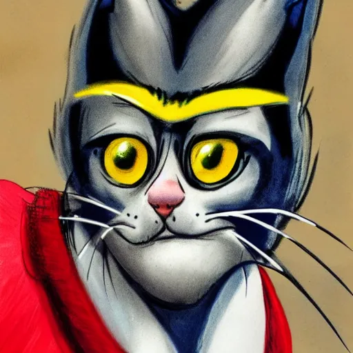 Image similar to cat man, style from dr. seuss, detailed face, sharp focus, sharp, hd