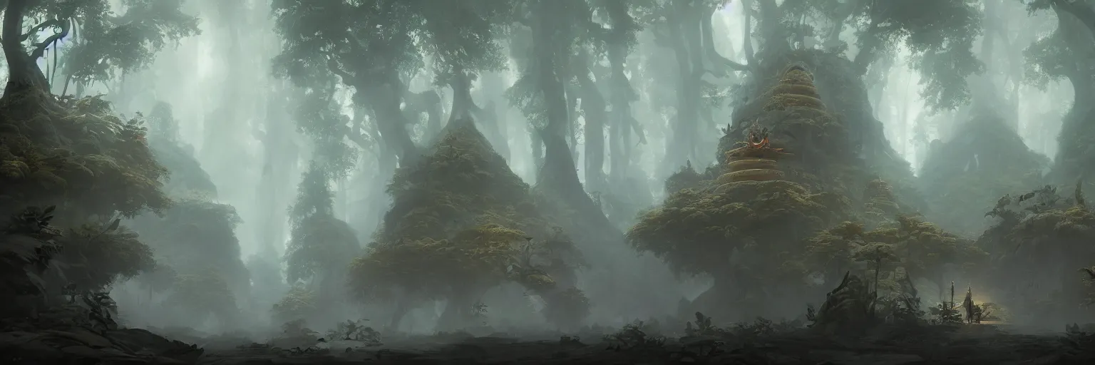 Prompt: Mysterious beautiful Buddhist forest, matte painting by Peter Mohrbacher, featured in artstation, octane render, cinematic, elegant, intricate, 8k