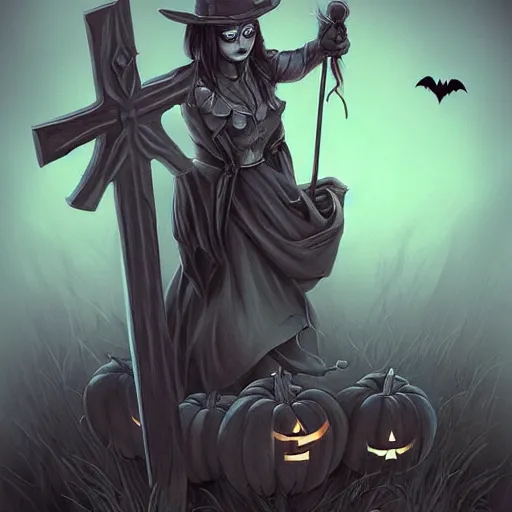 Image similar to halloween night graveyard graves and crosses, trending on artstation, 30mm, by Artgerm