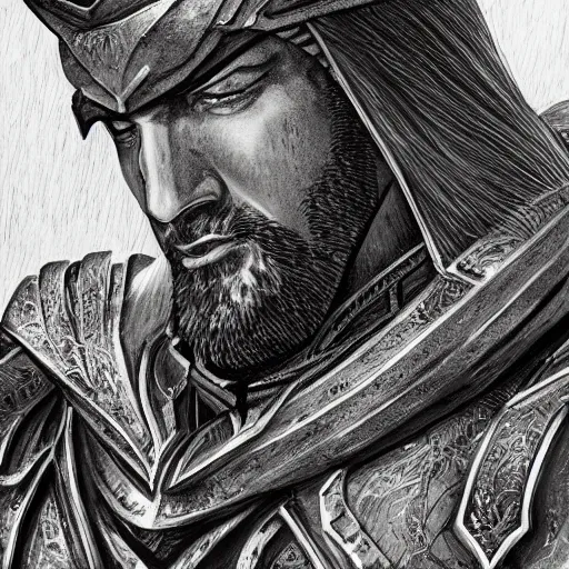 Prompt: a close up portrait of Sultan Saladin, art station, highly detailed, concept art, sharp focus, illustration in pen and ink, wide angle, by Kentaro Miura