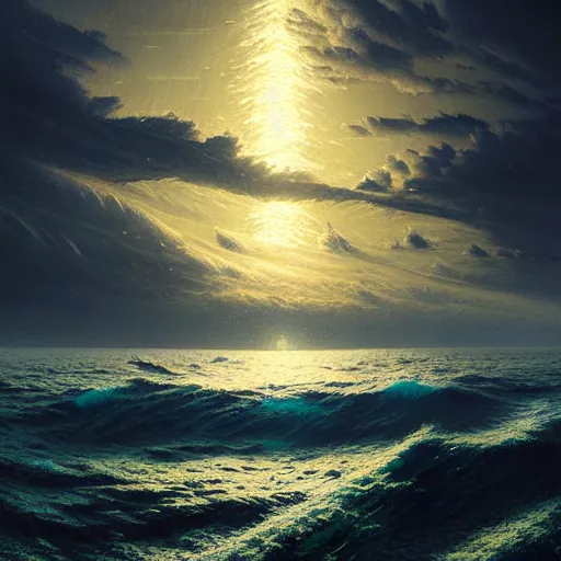 Image similar to point of view of botom of the ocean looking up, see fishes, the milk way, night time, midnight, no sunlight. highly detailed painting by, greg rutkowski 8 k