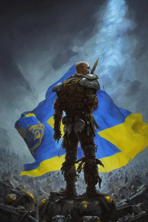 Prompt: a distant shot from behind of a Ukrainian super soldier with blue and yellow flag behind him standing alone on a huge pile of skulls as a winner, masculine muscular figure, D&D, fantasy, intricate, elegant, highly detailed, extremely detailed, digital painting, artstation, concept art, matte, sharp focus, illustration, art by Artgerm and Greg Rutkowski and Alphonse Mucha