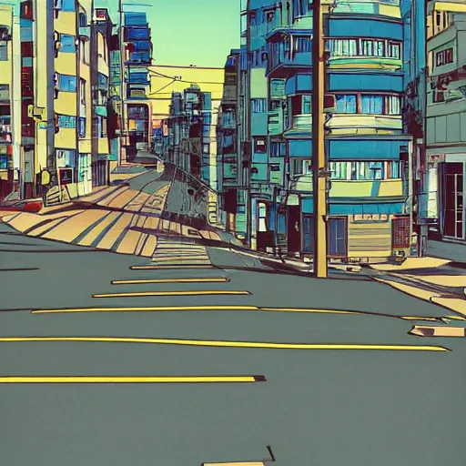 Prompt: city street, sloped street, city on tall hillside, street scene, aquamarine shading panels above street, cel - shading, 2 0 0 1 anime, flcl, jet set radio future, golden hour, japanese town, concentrated buildings, japanese neighborhood, electrical wires, cel - shaded, strong shadows, vivid hues, y 2 k aesthetic