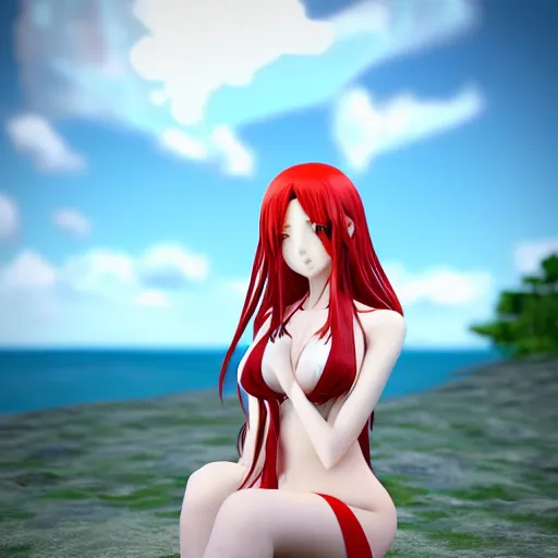 Image similar to Rias Gremory, render of a very beautiful 3d anime girl, long red hair, beautiful eyes, cute freckles, full round face, short smile, cute sundress, golden hour, serene beach setting, medium shot, mid-shot, highly detailed, trending on Artstation, Unreal Engine 4k