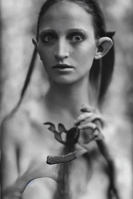 Prompt: a portrait of a magical female elf looking to the camera with the rune of nature in her forehead, graflex, 5 0 mm