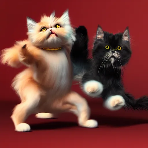 Image similar to A hyper real comic book style portait painting of a persian cat dancing salsa with another persian cat, unreal 5, hyperrealistic, octane render, cosplay, RPG portrait, dynamic lighting