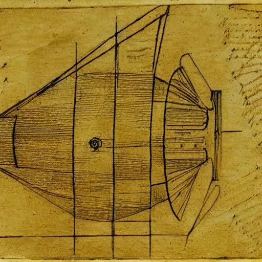 Prompt: Spacecraft design manuscript, by Leonardo da Vinci, sketch, yellow paper