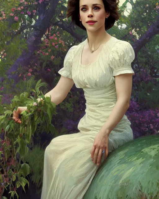 Prompt: a portrait painting of sabrina lloyd / rachel mcadams / tatiana maslany / jaclyn smith / alison brie hybrid oil painting, gentle expression, smiling, elegant clothing, scenic background, behance hd, by jeremy pitkin, alphonse mucha, greg rutkowski, tim hildebrandt, boris vallejo