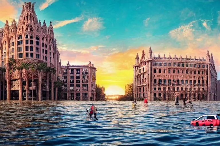 Image similar to touristic ads to visit a catastrophic barcelona, buildings covered with high water, floating cars, sunset lighting, photo real