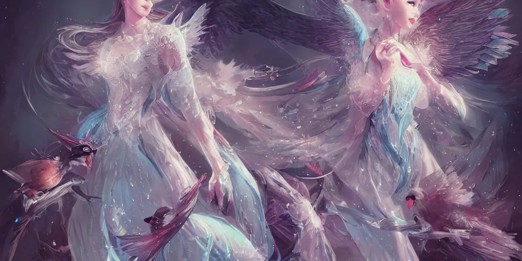 Image similar to A flock of birds transforming into a beautiful princess by ross tran, hyper-detailed, intricate, wide angle, beautiful, fantasy, concept art